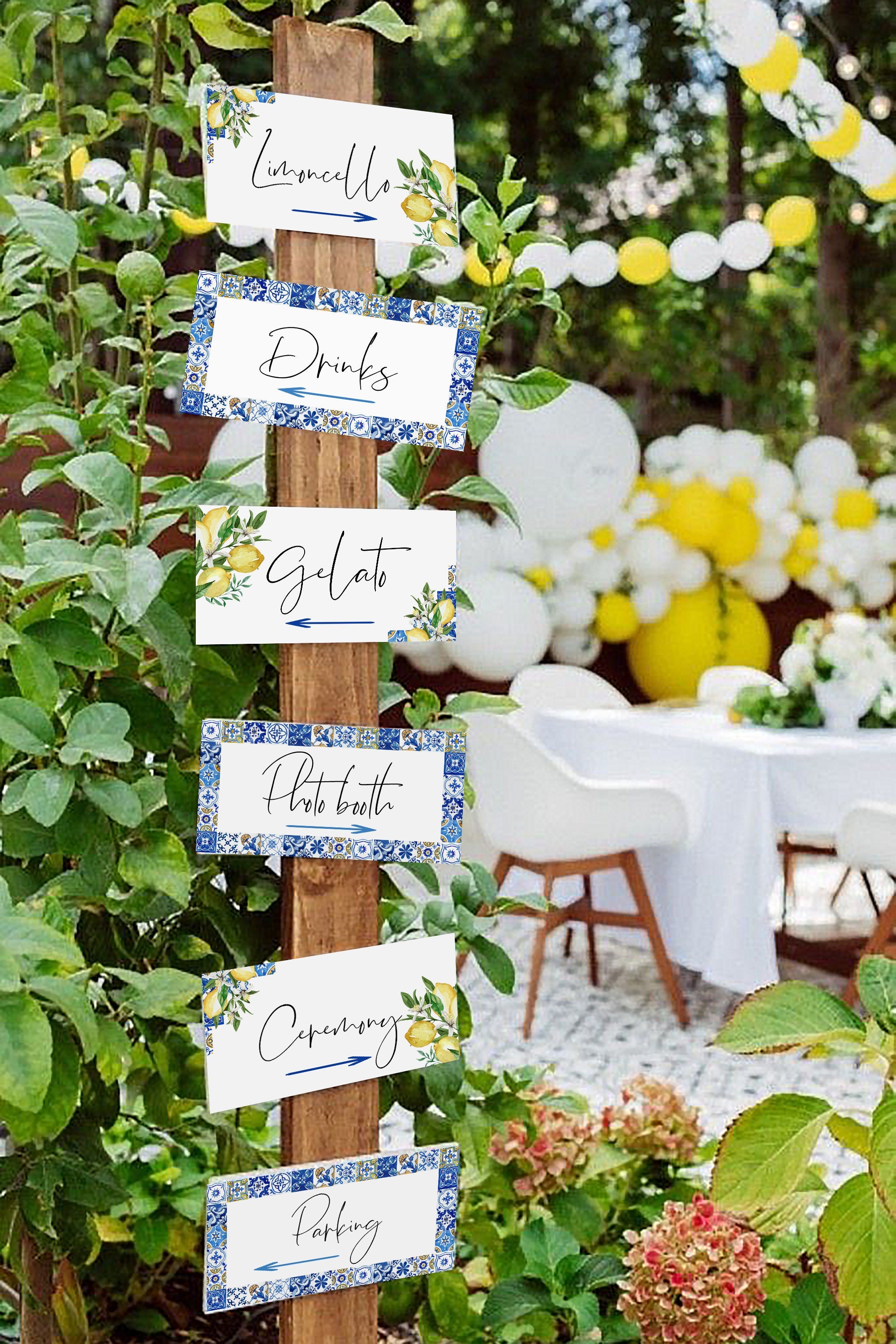 Blue Tiles and Lemon Wedding Signposts, Mediterranean Bridal Shower Road Signs, Lemon Direction Pointer Signs, Editable Template, 044