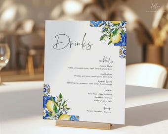 Lemon & Blue Tile Wedding Bar Menu Template (Digital Template 044)