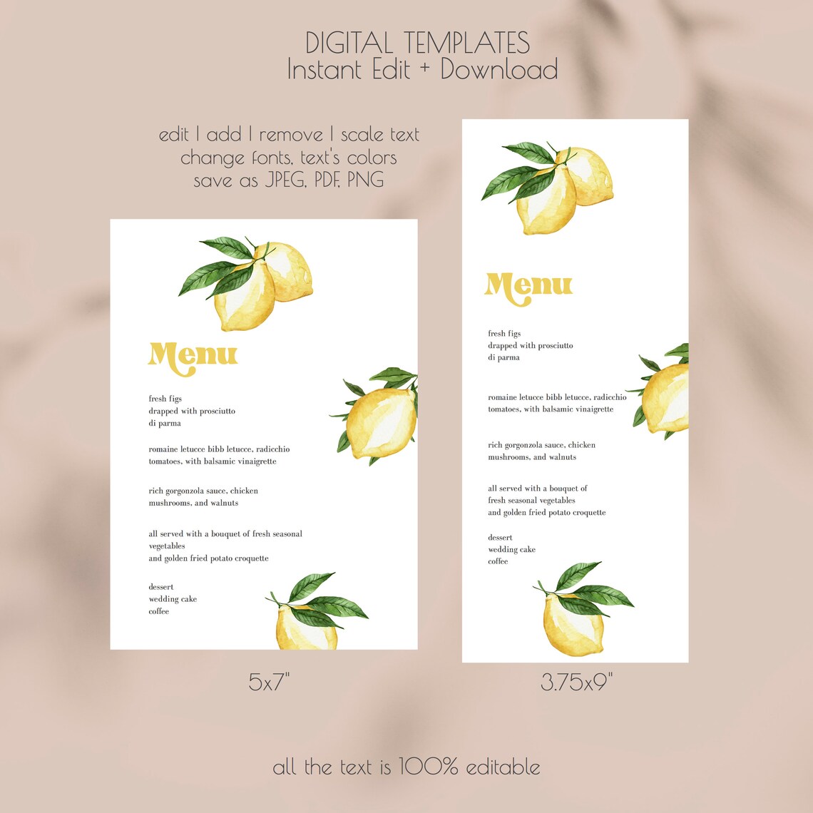Lemon Menu Template Italy Citrus Wedding Menu Printable Main Etsy España