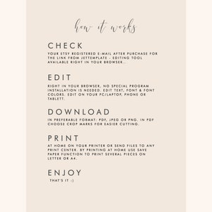 May include: A white background with black text explaining how to use a digital download. The text reads: "how it works", "CHECK", "EDIT", "DOWNLOAD", "PRINT", "ENJOY", "THAT'S IT :)"