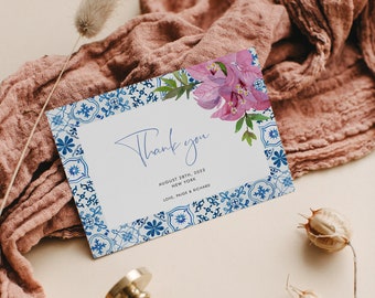 Blue Tiles Bougainvillea Thank You Card Template, Mediterranean Thank you card, Flat & Folded, Printable, Instant Download 144