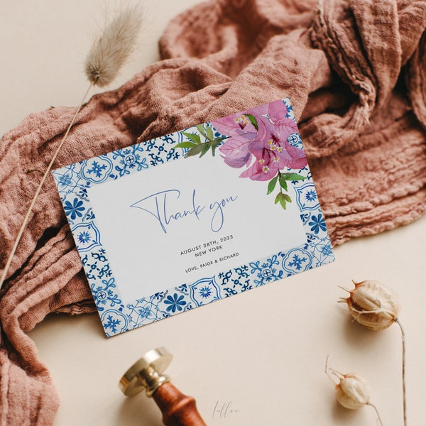 Blue Tiles Bougainvillea Thank You Card Template, Mediterranean Thank you card, Flat & Folded, Printable, Instant Download 144