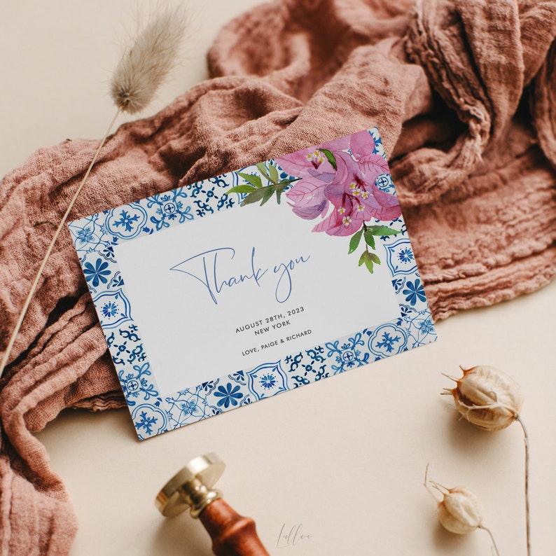 Blue Tiles Bougainvillea Thank You Card Template, Mediterranean Thank you card, Flat & Folded, Printable, Instant Download 144 image 1