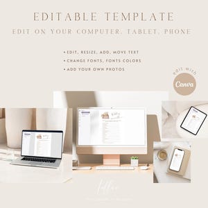 May include: Editable template for a wedding checklist, shown on a computer, tablet, and phone. The template is customizable with text, fonts, colors, and photos. The text on the template reads "Wedding Checklist".