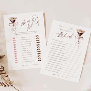 May include: Two printable bridal shower game cards with a brown and white hourglass illustration. The first card is titled "Honey Do List" and has a list of chores with checkboxes. The second card is titled "How Well Do You Know The Bride?" and has a list of questions about the bride.