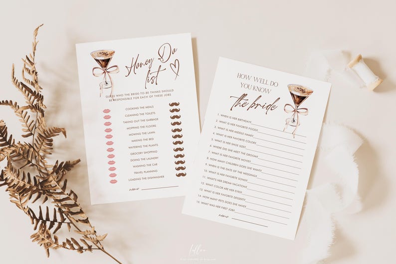 May include: Two printable bridal shower game cards with a brown and white hourglass illustration. The first card is titled "Honey Do List" and has a list of chores with checkboxes. The second card is titled "How Well Do You Know The Bride?" and has a list of questions about the bride.