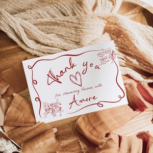 Tarjeta de agradecimiento "That's Amore" dibujada a mano, diseño ondulado rojo para despedida de soltera italiana, decoración italiana para despedida de soltera, plantilla editable para descargar 205
