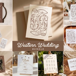 Op de afbeelding: Een verzameling trouwbriefpapier met western-thema, waaronder uitnodigingen, menu's, barborden en plattegronden. De ontwerpen bevatten cowboylaarzen-illustraties en de tekst "Kaitlyn & Jake". Het kleurenpalet is bruin en crème.