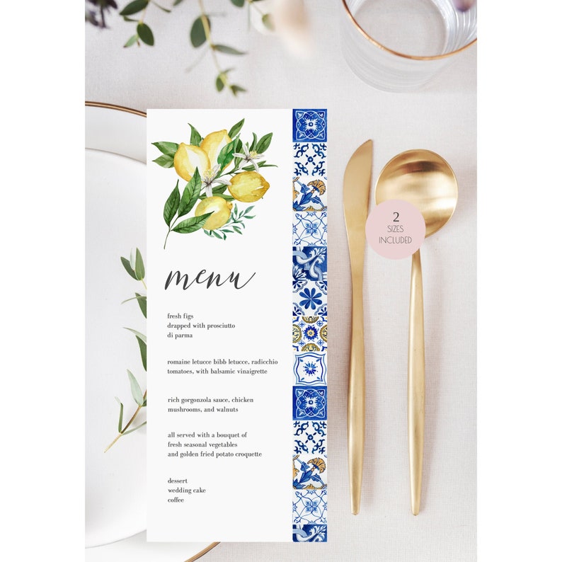 Blue Tiles Lemon Menu Template, Italy Wedding Menu Printable, Mediterranean Wedding Menu, Editable, Instant Download, 044 image 8