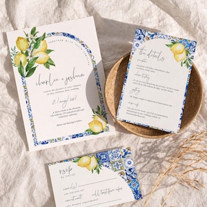 Italian Blue Tiles and Lemon Wedding Invitation Suite: Mediterranean theme (Editable Templates 044)