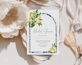 Italian Lemon Bridal Shower Invitation Template: Blue Tiles Arch & Citrus (Instant Download 044)