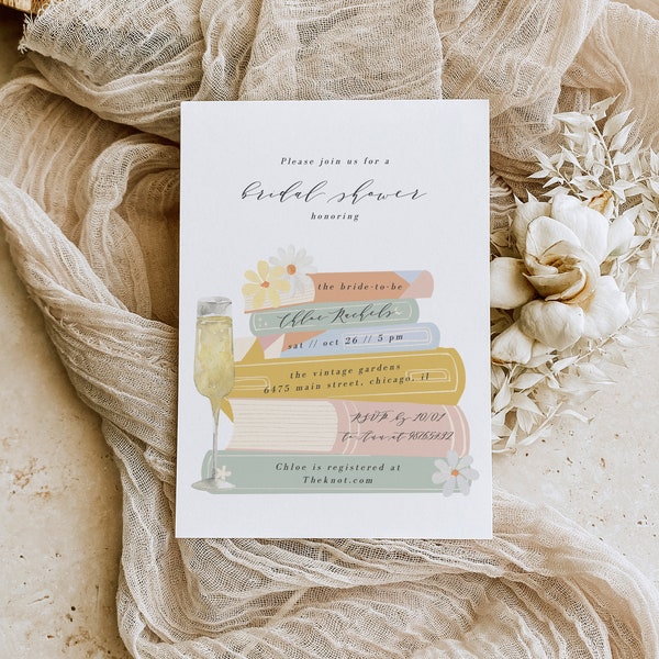 Invitation de douche nuptiale de livre de contes, Bibliothèque sur le thème du livre Bridal Shower Evite, Book & Bubbles Bridal Sprinkle Invitation Editable Download 387