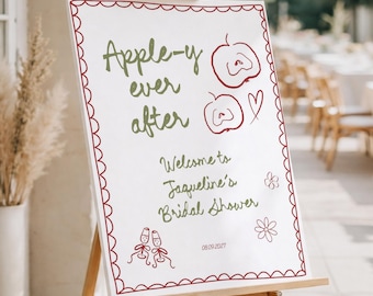 Apple Bridal Shower Welcome Sign: Apple-y Ever After hand drawn (Editable Canva Template 641)