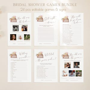 May include: A set of printable bridal shower games featuring a watercolor illustration of a stack of books with pink flowers. The games include "How old was the bride?", "How well do you know the bride?", "Wedding Scramble", "What did the groom say?", "Date night ideas", and "How old was the groom?"