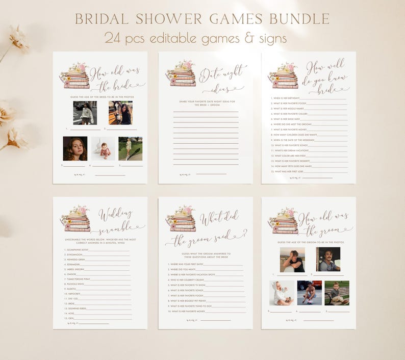 May include: A set of printable bridal shower games featuring a watercolor illustration of a stack of books with pink flowers. The games include "How old was the bride?", "How well do you know the bride?", "Wedding Scramble", "What did the groom say?", "Date night ideas", and "How old was the groom?"