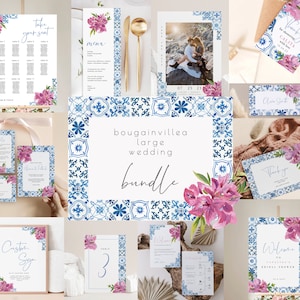 Blue Tiles and Bougainvillea Wedding Bundle, Large Italian Mediterranean Wedding Suite, Printable Editable Template, Instant Download 144