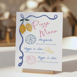 Włoskie menu pizzy ręcznie rysowane edytowalne, główne menu baru z pizzą na wieczór panieński, to miłość, pobierz szablon ślubu z pizzą 481