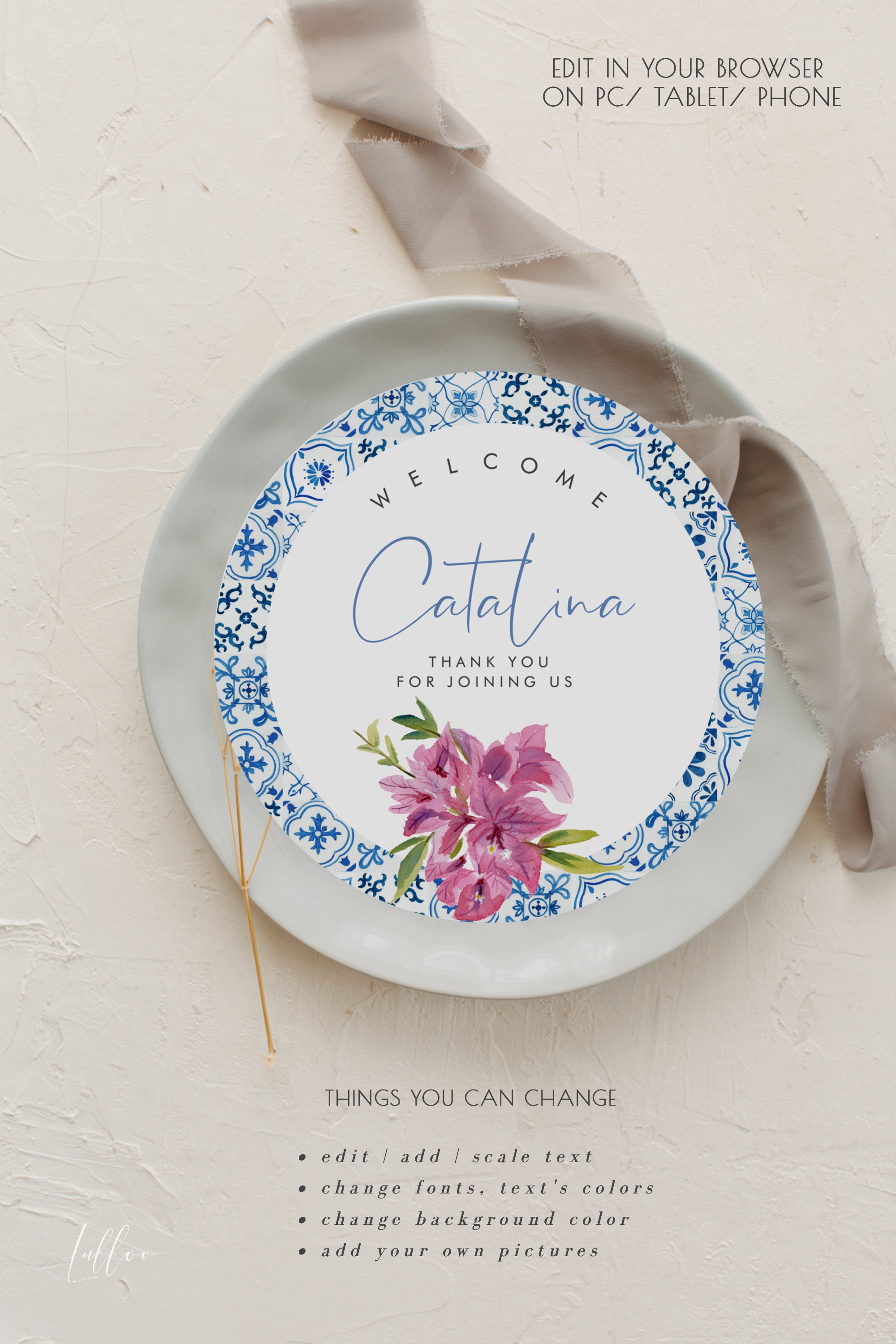 Blue Tiles Bougainvillea Charger Plate Insert Template Etsy