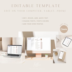May include: Editable template for a "He said, She said" bridal shower game. The template is shown on a computer screen, tablet, and phone. The text "edit with Canva" is displayed in a circle with a pink background.
