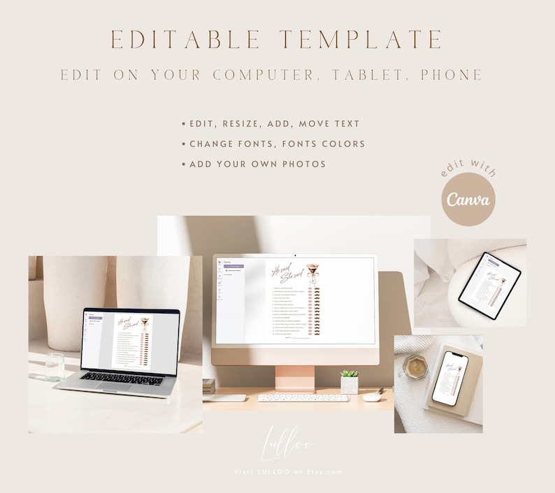 May include: Editable template for a "He said, She said" bridal shower game. The template is shown on a computer screen, tablet, and phone. The text "edit with Canva" is displayed in a circle with a pink background.