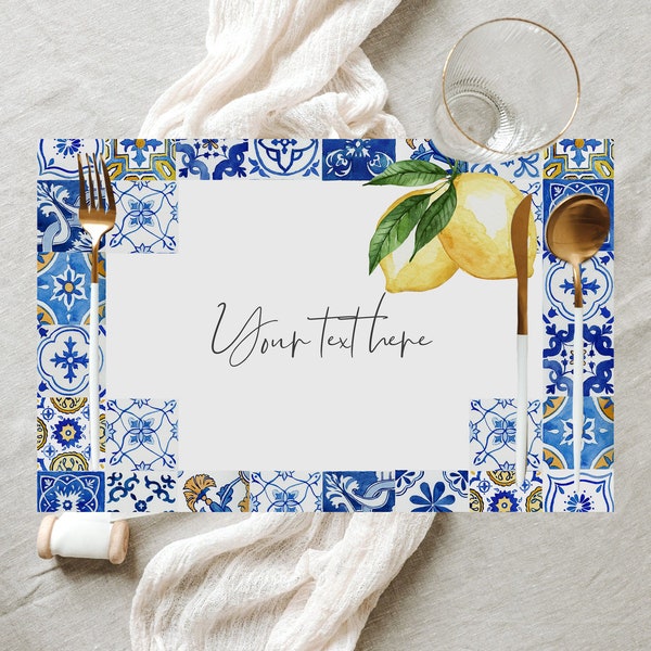 Blue Tiles Lemon Placemat Template, Italian Bridal Personalised Placemat, Main Squeeze Table Centerpiece, Mediterranean Instant Download 044