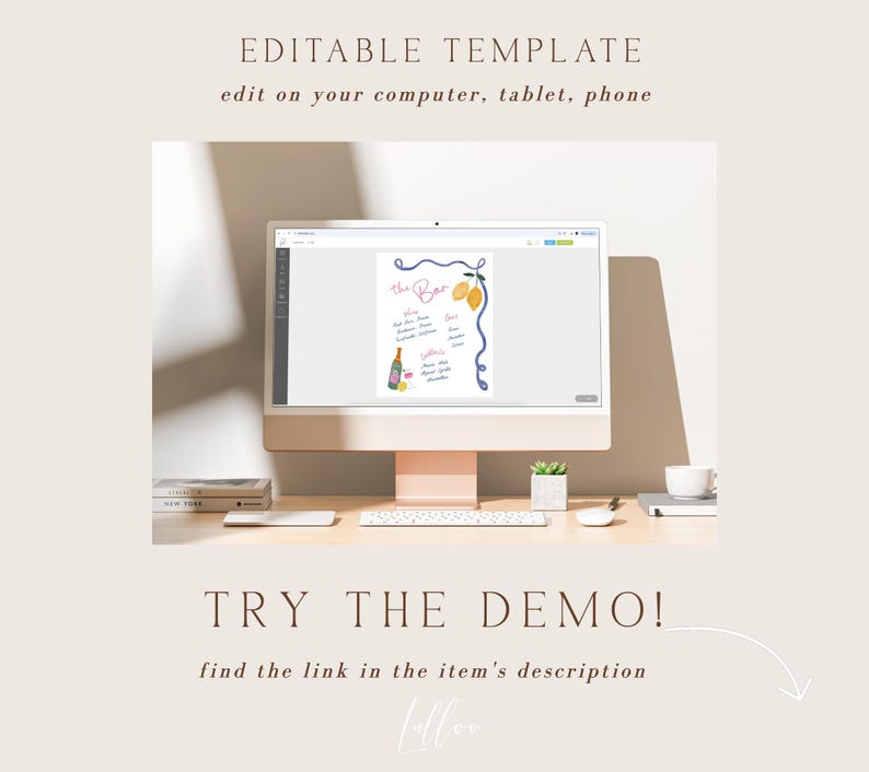 May include: A computer screen displaying a digital template for a bar menu with a lemon and lime theme. The text "the Bar" is in pink lettering. The template is editable on a computer, tablet, or phone.