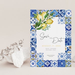 Blaue Fliesen Save the Date Vorlage, Italien Save the Date, Zitrone Hochzeit Save the date, Mediterran, Zitrus, Sofort Download 044