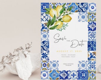 Blue Tiles Save the Date Template, Italy Save Our Date, Lemon Wedding Save the dates, Mediterranean, Citrus, Instant Download 044