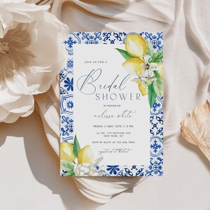 Italian Bridal Shower Invitation, Lemon Blue Tiles Bridal Shower Invite, Citrus Main Squeeze, Editable Template Digital Download 045