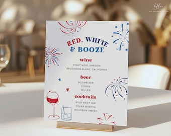 4th of July Bar Sign Template: Independence Day Drinks Menu, Patriotic Decor (Editable Template)