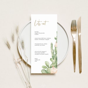 Kaktus Menü Vorlage, Kakteen und getrocknete Palmen Hochzeitsmenü druckbar, Boho Wüste Hochzeitsmenü, bearbeitbar, Sofort Download, 130