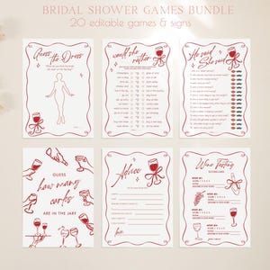 Puede incluir: Un paquete de juegos de despedida de soltera con 20 juegos y letreros editables. Las tarjetas tienen un borde rojo y presentan juegos como "Adivina el vestido" y "Tabla de puntuación de cata de vinos". El texto incluye "Él dijo, Ella dijo" y "¿Adivina cuántos corchos hay en el frasco?"