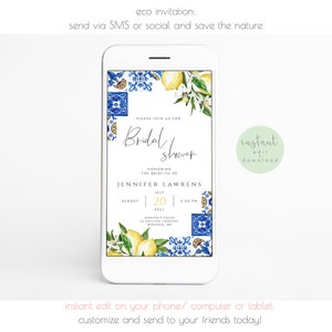 Digital Lemon Bridal Shower Invitation Phone Template, Italian Blue Tiles Bridal Shower Evite, Main Squeeze, Instant Download 044