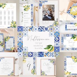 Italian Blue Tiles and Lemons Wedding Invitation Template Bundle, Large Mediterranean Wedding Suite, Editable, Instant Download 044