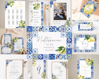 Ensemble de modèles de faire-part de mariage carreaux bleus italiens et citrons, grande suite de mariage méditerranéen, modifiable, téléchargement immédiat 044