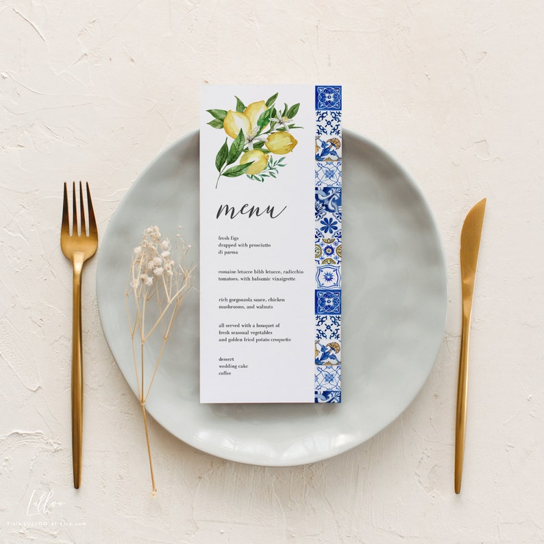 Blue Tiles Lemon Menu Template, Italy Wedding Menu Printable, Mediterranean Wedding Menu, Editable, Instant Download, 044 image 6