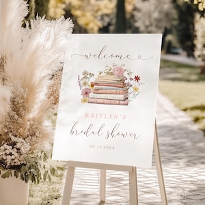 A New Chapter Bridal Shower Welcome Sign, Storybook Bachelorette Reception, Floral Book Stack Signage Editable Template Digital Download 385
