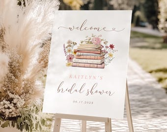 Storybook Bridal Shower Welcome Sign: Next Chapter floral Theme (Canva template 385)