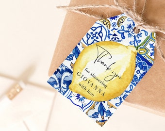 Lemon Bridal Shower Favor Tags Template, Italian Blue Tiles Bridal Shower Labels, Main Squeeze Favor Tags, Instant Download 044