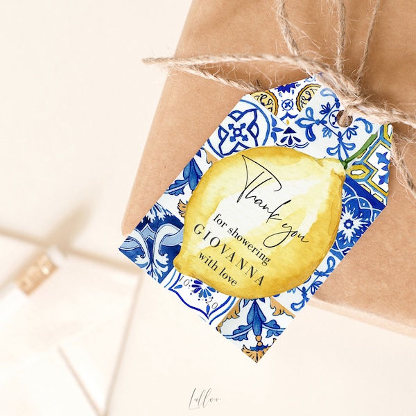 Lemon Bridal Shower Favor Tags Template, Italian Blue Tiles Bridal Shower Labels, Main Squeeze Favor Tags, Instant Download 044