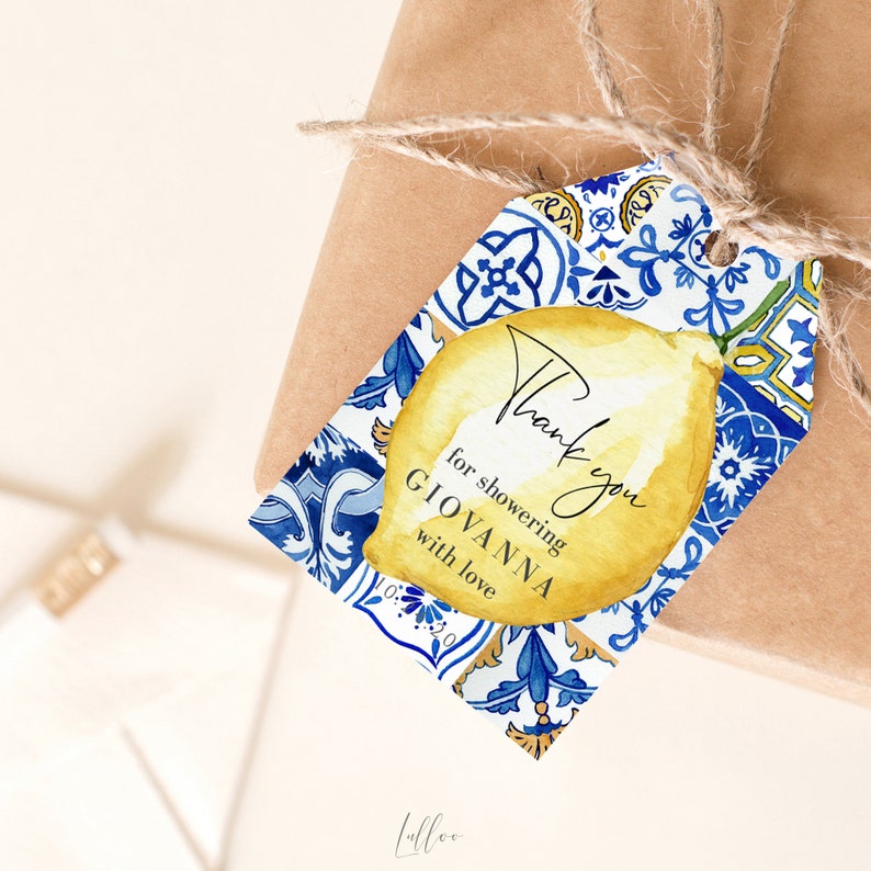 Lemon Bridal Shower Favor Tags Template Italian Blue Tiles image 1