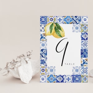 Modèle de numéro de Table carreaux bleu citron, Italie mariage Table numéro signe imprimable, mariage méditerranéen, modifiable, téléchargement immédiat, 044