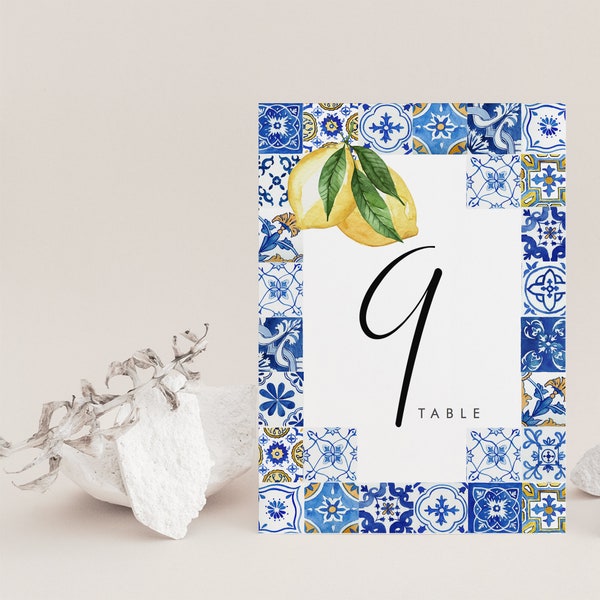 Blue Tiles Lemon Table Number Template, Italy Wedding Table Number Sign Printable, Mediterranean Wedding,  Editable, Instant Download, 044