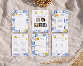 Main Squeeze Bridal Shower Games Bundle: Mediterranean Lemon & Blue Tiles (Editable Canva Template 044)