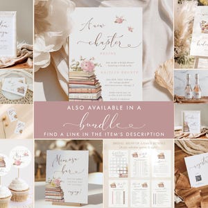May include: A set of printable bridal shower decorations featuring a stack of books with pink flowers and the text "A new chapter begins". The set includes invitations, signs, games, and cupcake toppers.