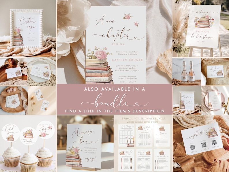 May include: A set of printable bridal shower decorations featuring a stack of books with pink flowers and the text "A new chapter begins". The set includes invitations, signs, games, and cupcake toppers.