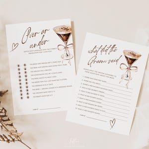 May include: Two printable bridal shower game cards with a brown and white watercolor illustration of a cocktail glass. The first card is titled "Over or Under" and has a list of questions about the bride and groom. The second card is titled "What Did the Groom Say?" and has a list of questions for the bride to answer about the groom.