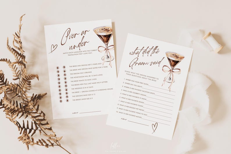 May include: Two printable bridal shower game cards with a brown and white watercolor illustration of a cocktail glass. The first card is titled "Over or Under" and has a list of questions about the bride and groom. The second card is titled "What Did the Groom Say?" and has a list of questions for the bride to answer about the groom.