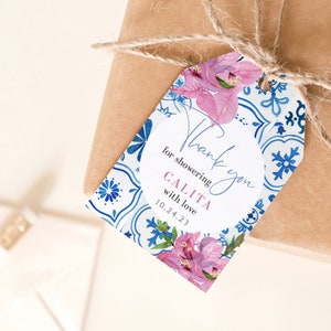 Modèle d’étiquettes de faveur de douche nuptiale de bougainvilliers, étiquettes de douche nuptiale de carreaux bleus méditerranéens, étiquettes de faveur Azulejo, téléchargement instantané 144