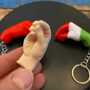Peut inclure: Trois porte-cl&eacute;s repr&eacute;sentant une main, une main rouge et une main aux couleurs du drapeau italien. Les porte-cl&eacute;s sont en mat&eacute;riau blanc lisse.
